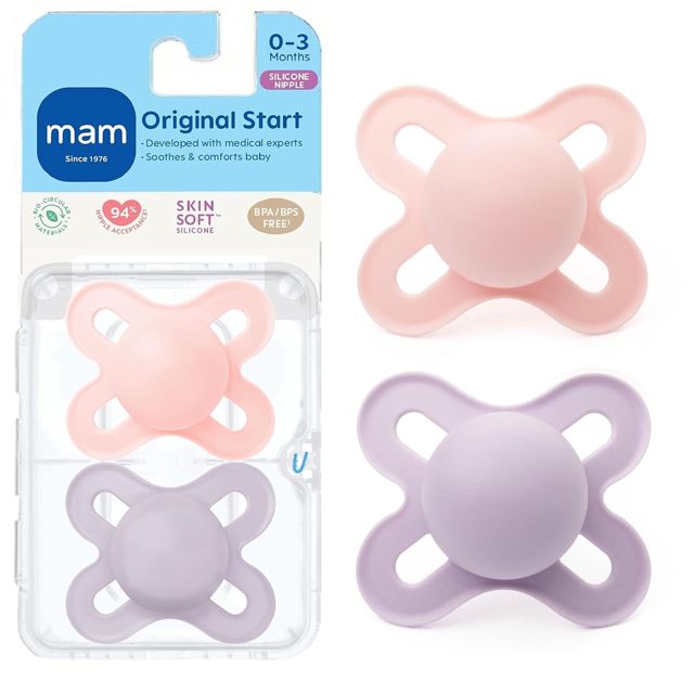 MAM Original Start Baby Pacifiers 0-3 Mths Skin Soft Silicone, 2 Pack