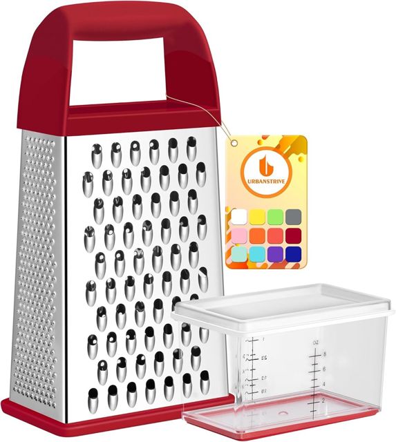 Urbanstrive Cheese Grater With Container, Stainless Steel 4-Sided Box Grater (Red)